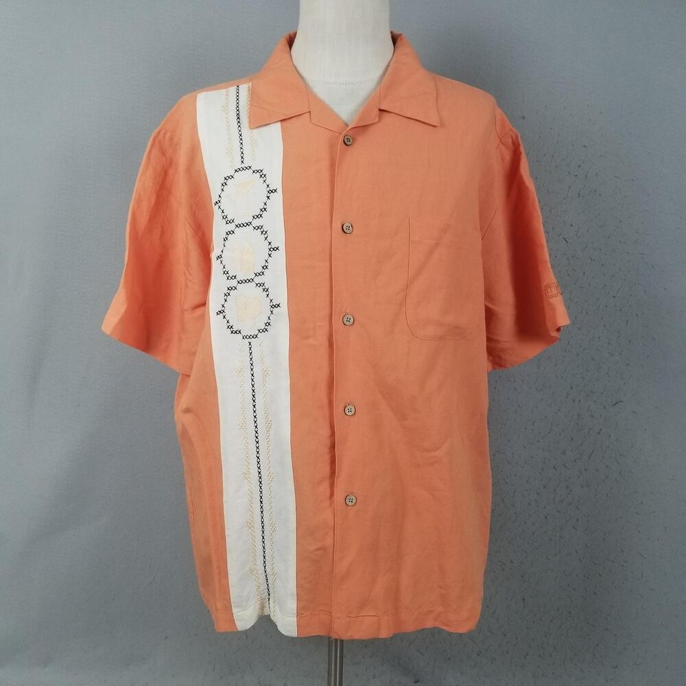 The Havanera Co Shirt Mens XL Orange Linen Rayon Cocktail Tiki Embroidered Camp